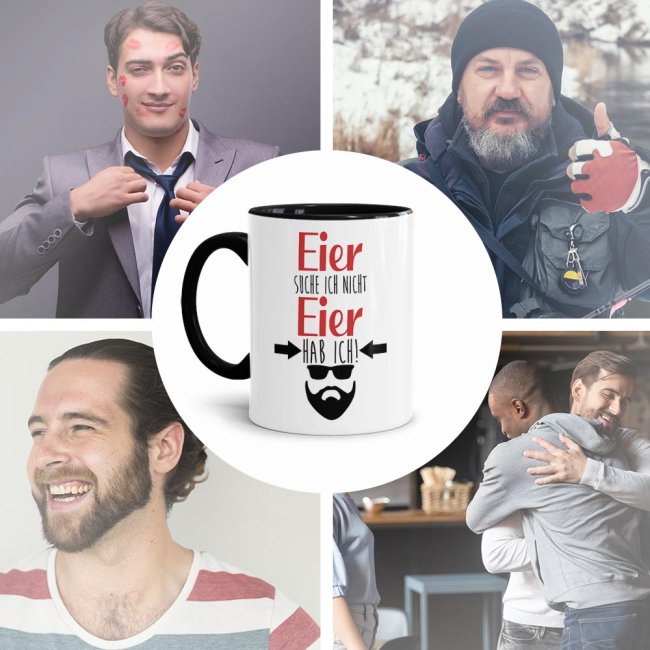 Tasse mit Spruch - Eier suche ich nicht, Eier hab ich - Innen &amp; Henkel Schwarz