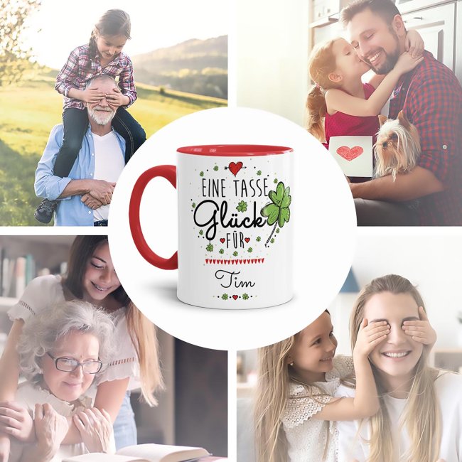 Tasse mit Spruch - Eine Tasse Gl&uuml;ck f&uuml;r - Wunschname - Innen &amp; Henkel Rot