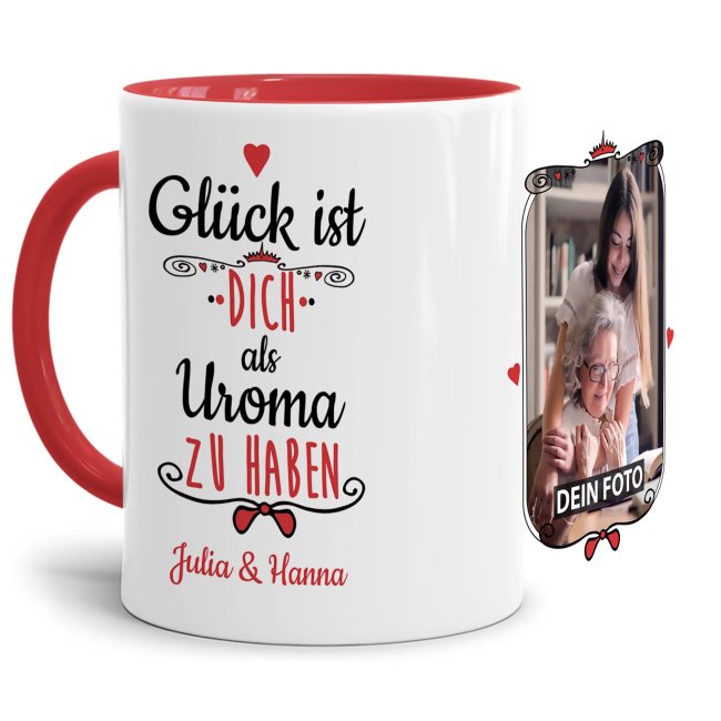 Tasse f&uuml;r Uroma von - mit Wunschnamen und Foto - Innen &amp; Henkel Rot