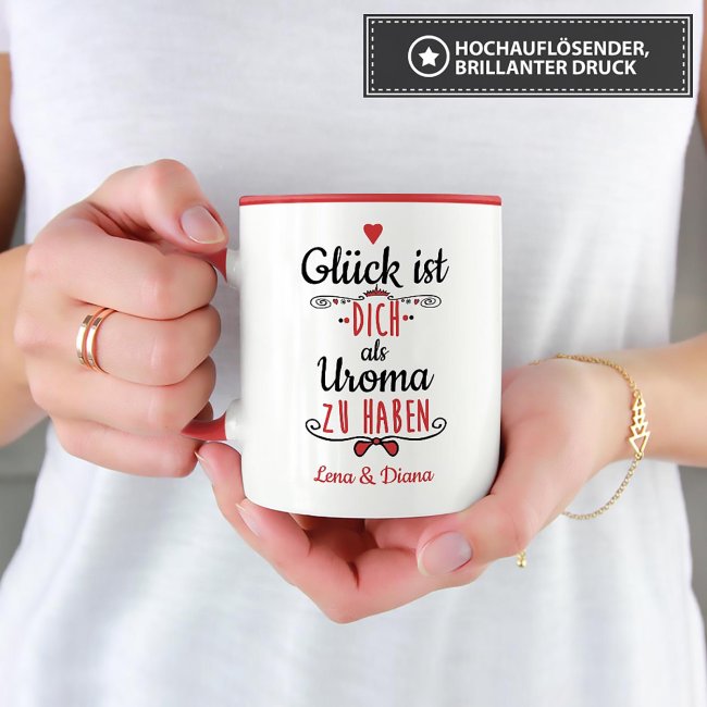 Tasse f&uuml;r Uroma von - mit Wunschnamen und Foto - Innen &amp; Henkel Rot