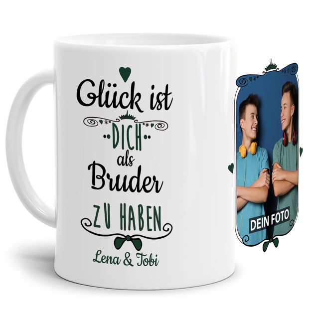 Tasse f&uuml;r Bruder von - mit Wunschnamen und Foto - Wei&szlig;