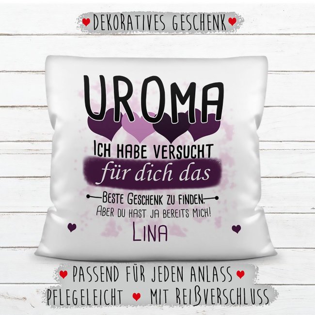 Kissen - Bestes Geschenk f&uuml;r Uroma von einem Kind - mit Wunschname in Lila - wei&szlig;