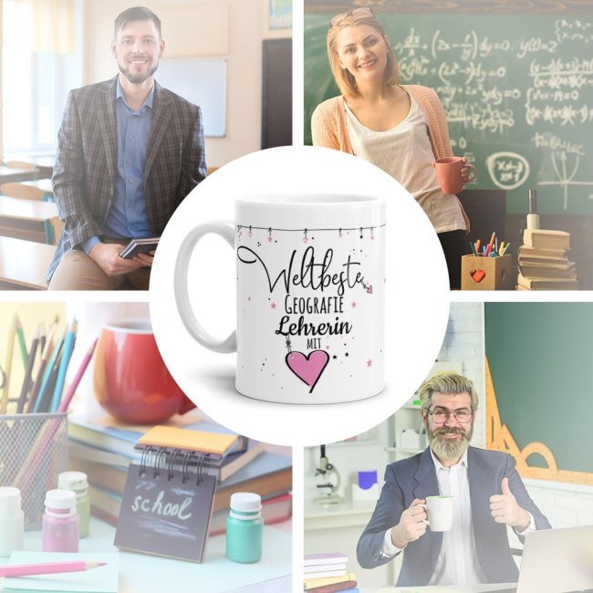 Tasse mit Spruch - Weltbeste Lehrerin mit Herz - Geografie - Wei&szlig;