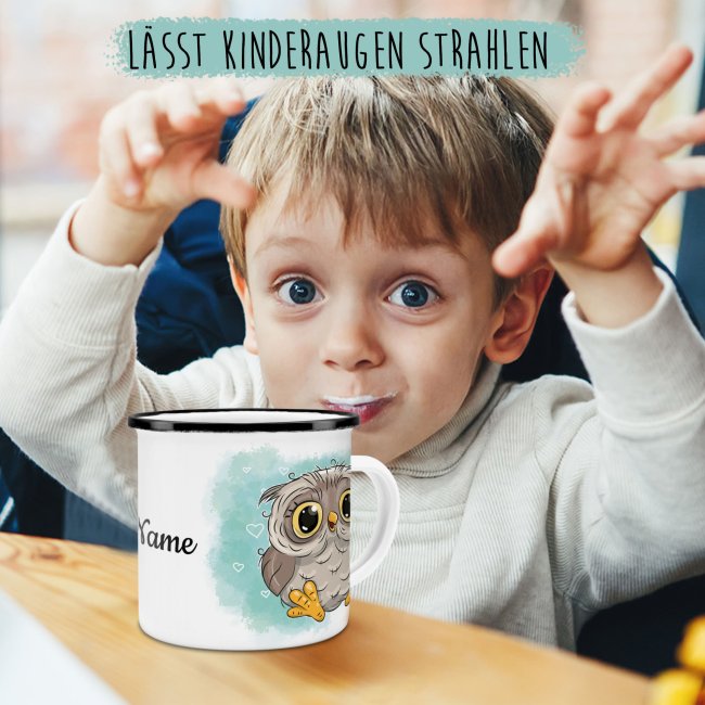 Kindertasse aus Emaille - Eule - mit Wunschname personalisierbar