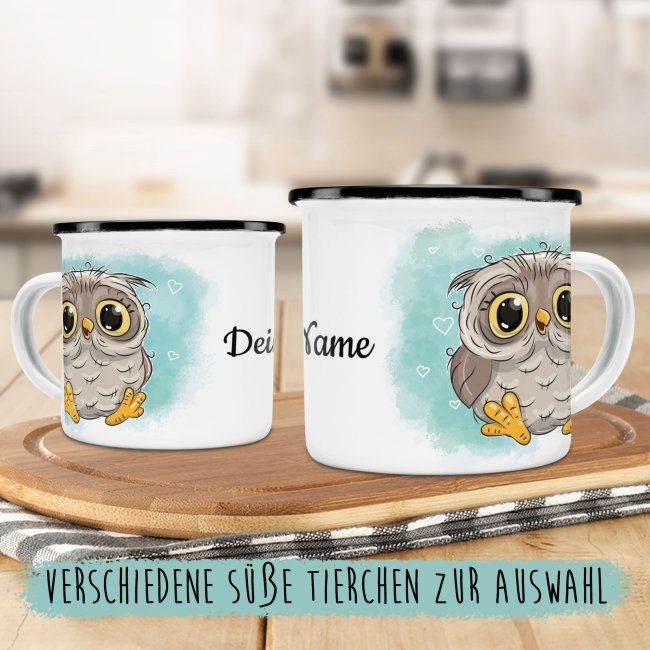 Kindertasse aus Emaille - Eule - mit Wunschname personalisierbar