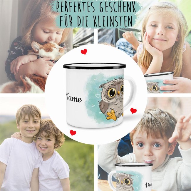 Kindertasse aus Emaille - Eule - mit Wunschname personalisierbar