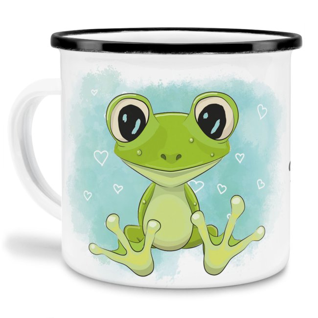 Kindertasse aus Emaille - Frosch - mit Wunschname personalisierbar