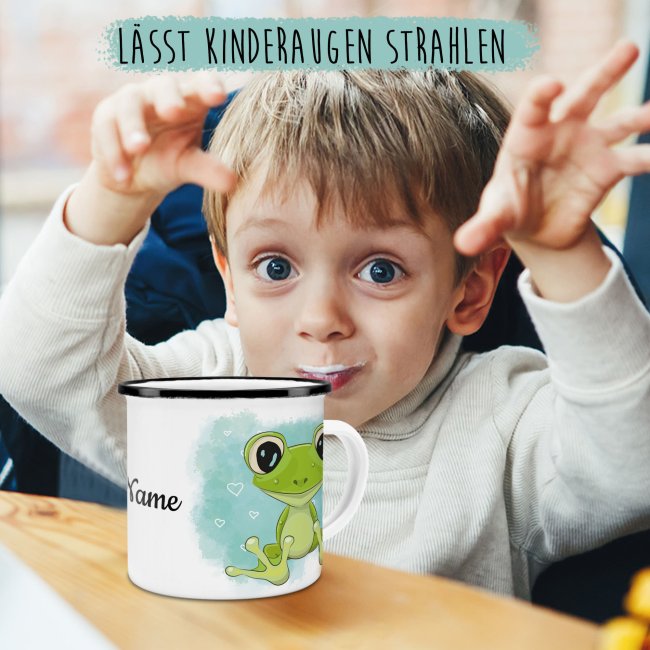 Kindertasse aus Emaille - Frosch - mit Wunschname personalisierbar