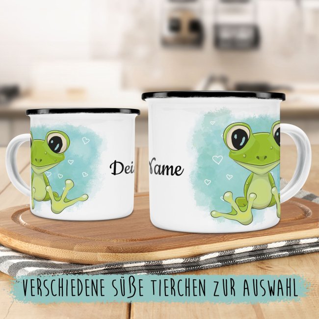 Kindertasse aus Emaille - Frosch - mit Wunschname personalisierbar