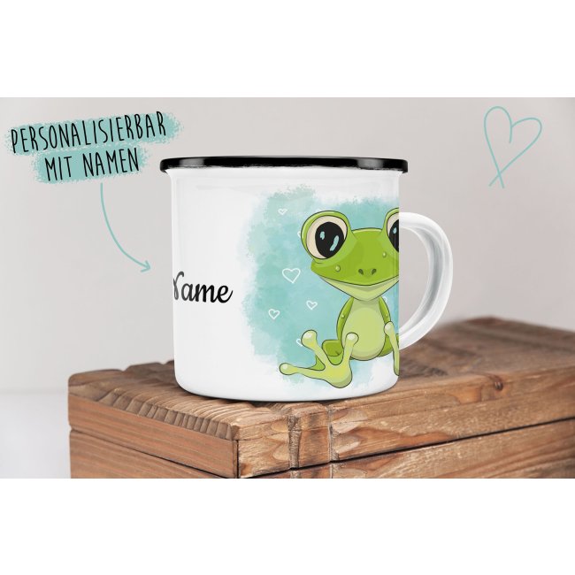 Kindertasse aus Emaille - Frosch - mit Wunschname personalisierbar