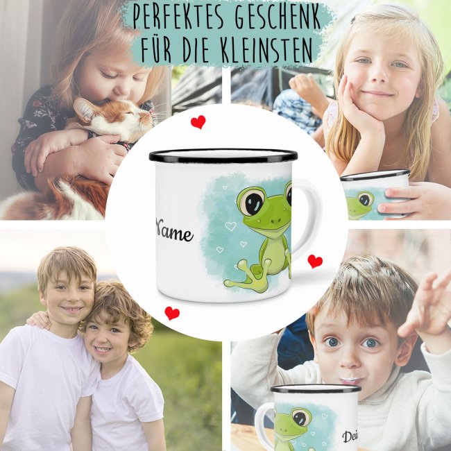 Kindertasse aus Emaille - Frosch - mit Wunschname personalisierbar