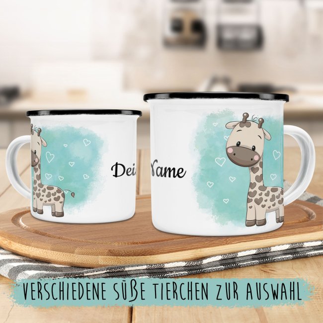 Kindertasse aus Emaille - Giraffe - mit Wunschname personalisierbar