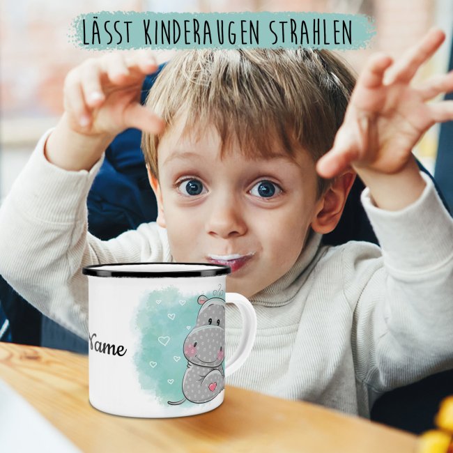 Kindertasse aus Emaille - Nilpferd - mit Wunschname personalisierbar