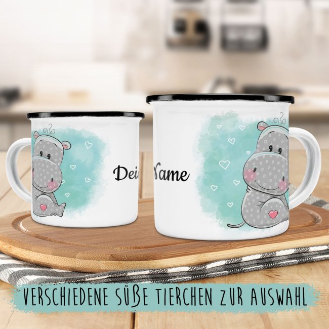 Kindertasse aus Emaille - Nilpferd - mit Wunschname personalisierbar