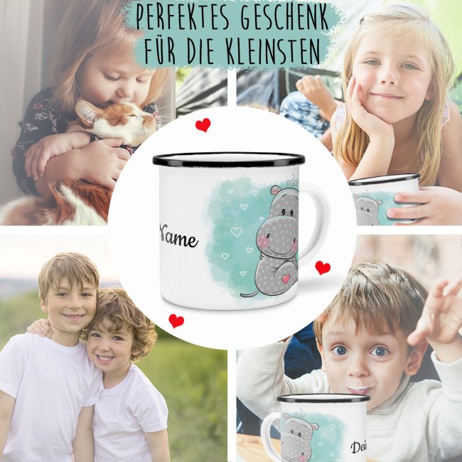 Kindertasse aus Emaille - Nilpferd - mit Wunschname personalisierbar