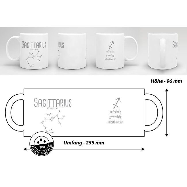 Sternzeichen Tasse - mit Datum &amp; Symbol Sch&uuml;tze - Wei&szlig;