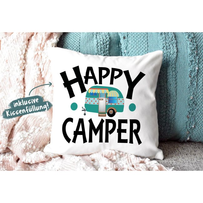 Camping Kissen - Happy Camper - R&uuml;ckseite Schwarz