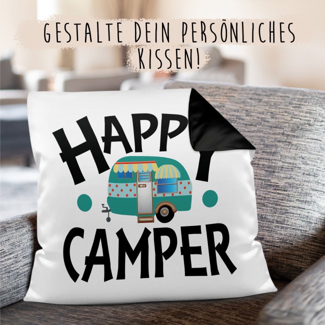 Camping Kissen - Happy Camper - R&uuml;ckseite Schwarz