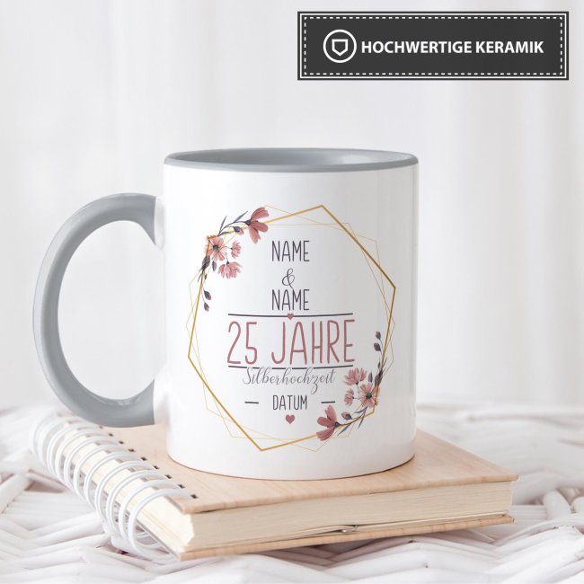 Tasse zum Hochzeitstag - mit Name &amp; Datum - 25 Jahre - Silberhochzeit - Innen &amp; Henkel Grau