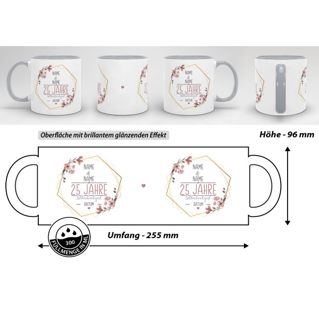 Tasse zum Hochzeitstag - mit Name &amp; Datum - 25 Jahre - Silberhochzeit - Innen &amp; Henkel Grau