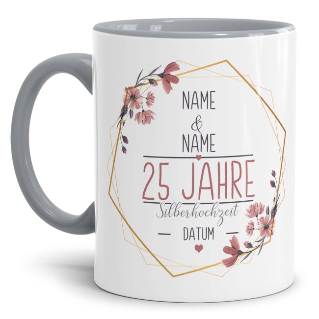 Tasse zum Hochzeitstag - mit Name &amp; Datum - 25 Jahre - Silberhochzeit - Innen &amp; Henkel Grau