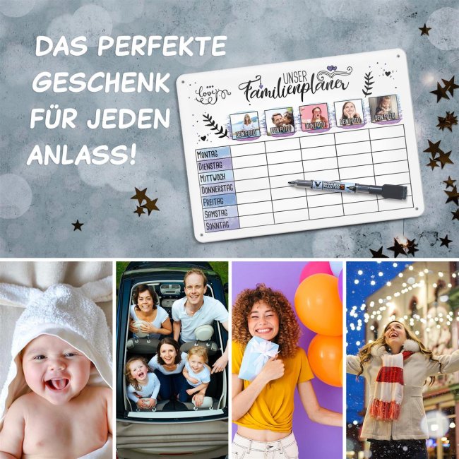 Familienplaner als Whiteboard f&uuml;r f&uuml;nf Familienmitglieder zum selbst Gestalten mit Fotos, Gr&ouml;&szlig;e DIN A3, inkl. abwischbarem Stift