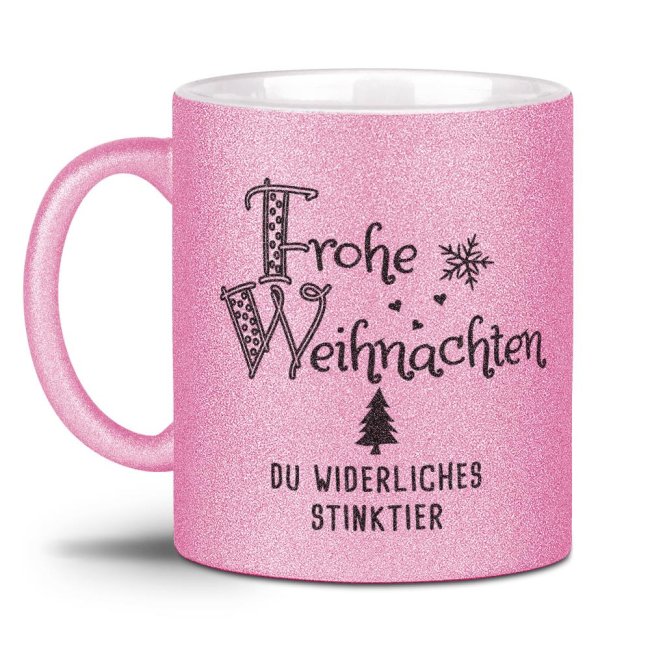 Glitzertasse Weihnachten - Du widerliches Stinktier! - Rosa