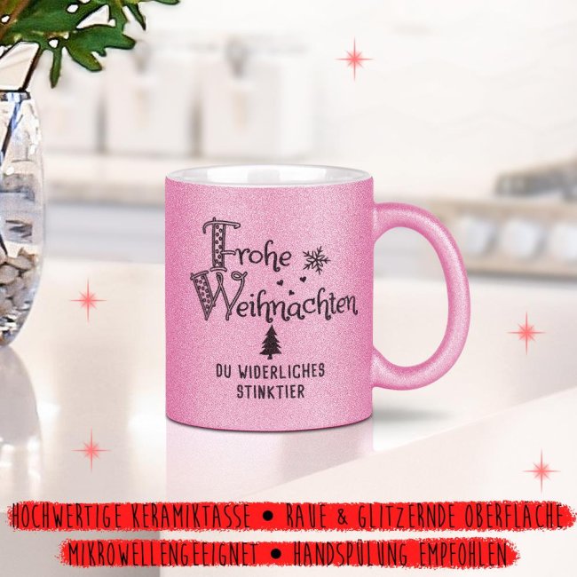 Glitzertasse Weihnachten - Du widerliches Stinktier! - Rosa