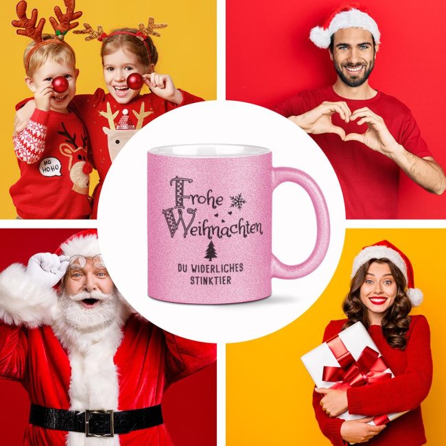 Glitzertasse Weihnachten - Du widerliches Stinktier! - Rosa