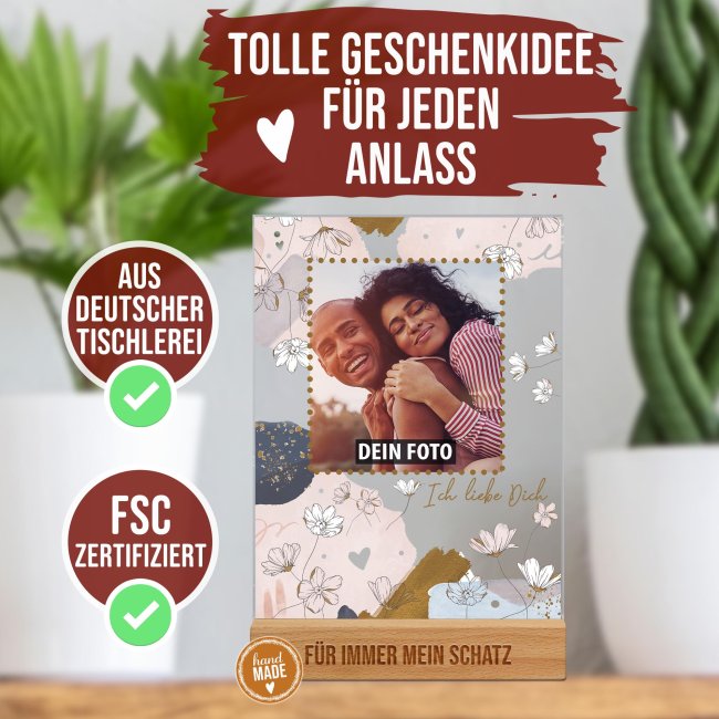 Fotoaufsteller mit Foto und Namen im Holzsockel - Ich liebe Dich