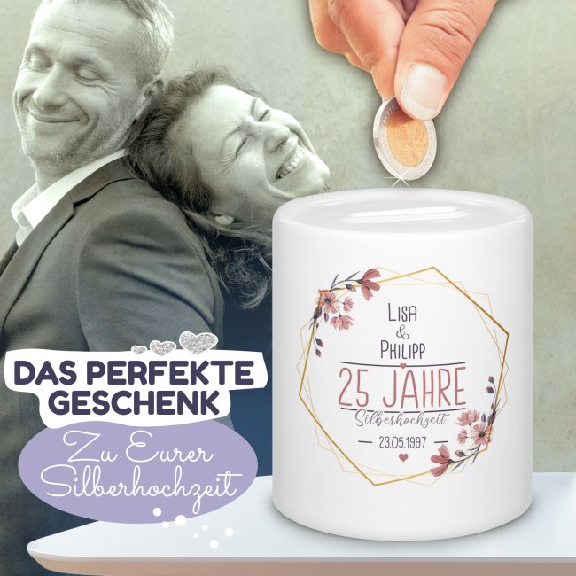 Spardose zu Silberhochzeit - mit Namen und Datum