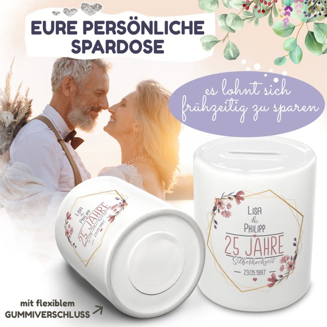 Spardose zu Silberhochzeit - mit Namen und Datum