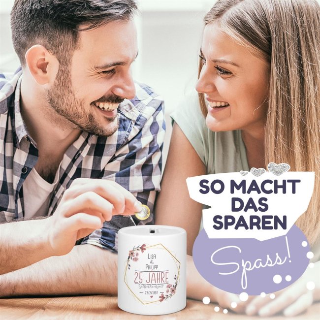 Spardose zu Silberhochzeit - mit Namen und Datum