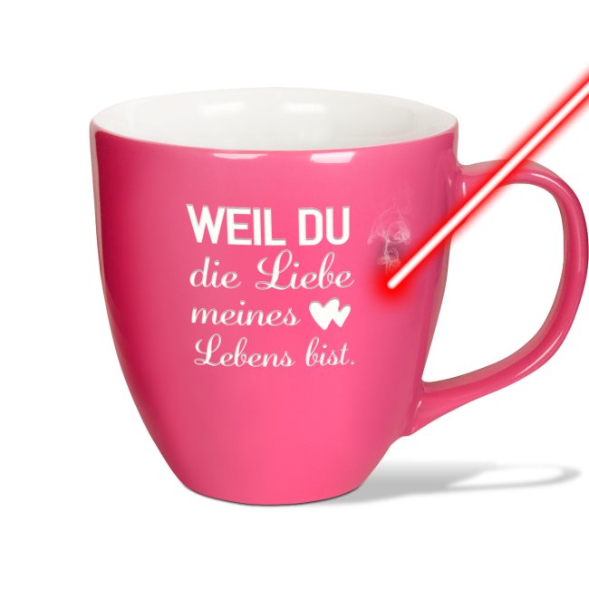 Samtig-matte Porzellantasse mit Gravur - XXL Jumbotasse - Liebe meines Lebens - Fancy Pink