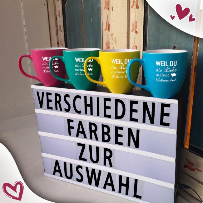 Samtig-matte Porzellantasse mit Gravur - XXL Jumbotasse - Liebe meines Lebens - Fancy Pink