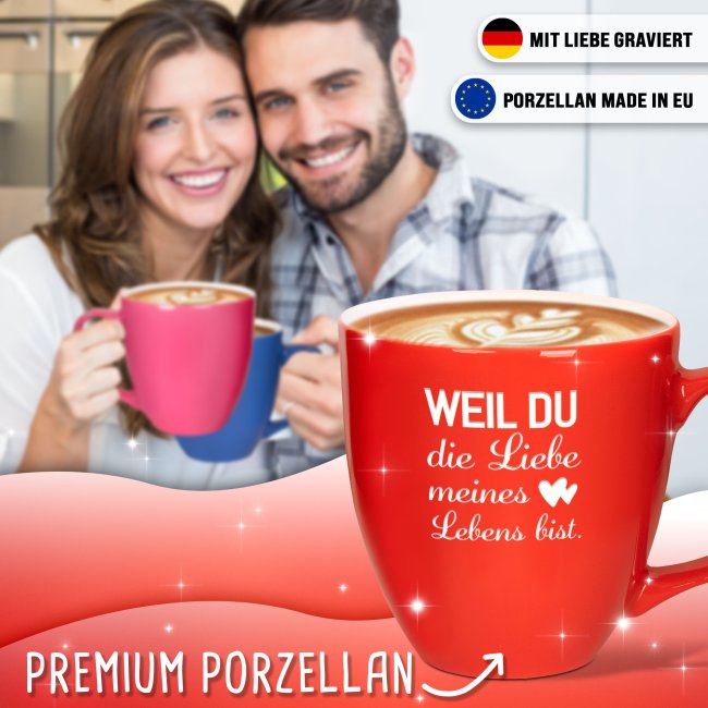 Samtig-matte Porzellantasse mit Gravur - XXL Jumbotasse - Liebe meines Lebens - Fancy Pink