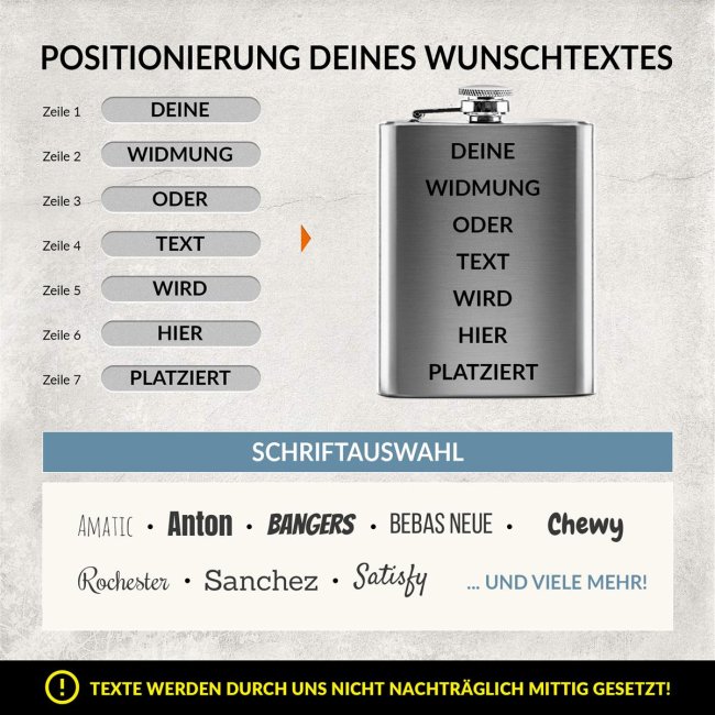 Flachmann personalisierbar mit Textgravur - 225 ml in Silber