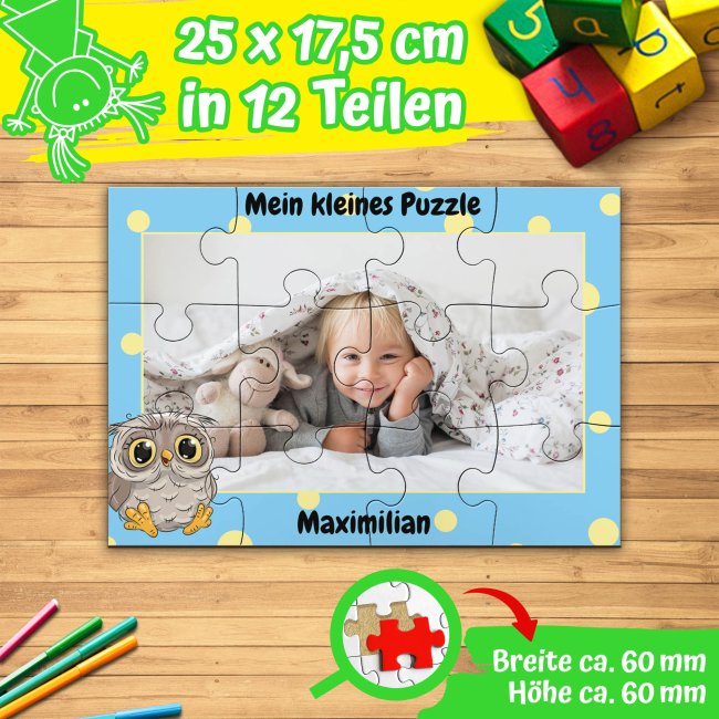 Holzpuzzle mit Foto selbst gestalten f&uuml;r Kinder - Kleines Puzzle mit Name - Eule - 12 Teile