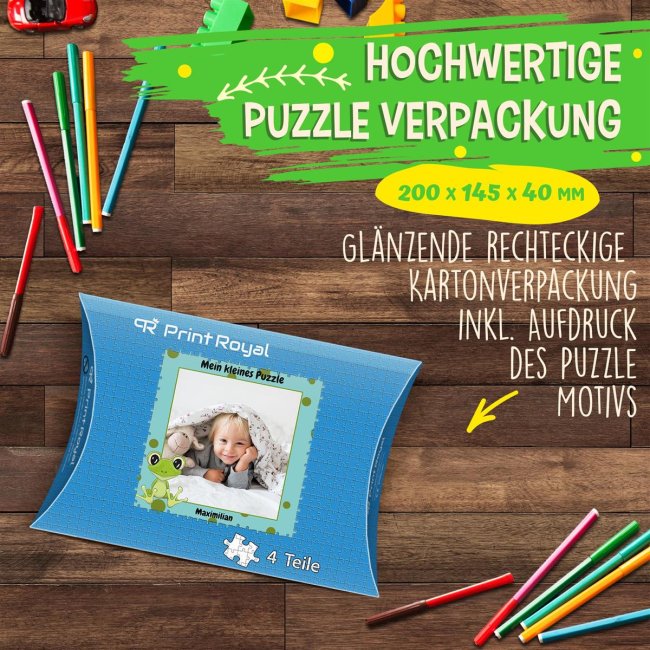 Holzpuzzle mit Foto selbst gestalten f&uuml;r Kinder - Kleines Puzzle mit Name - Frosch - 4 Teile