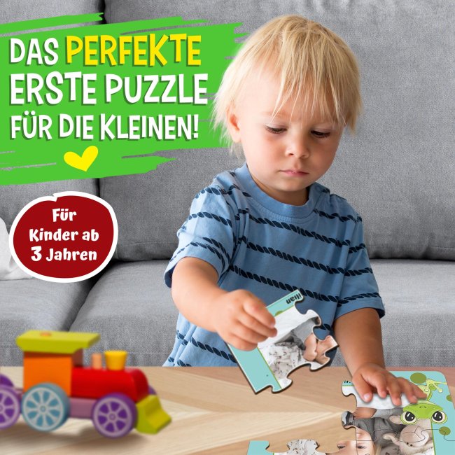 Holzpuzzle mit Foto selbst gestalten f&uuml;r Kinder - Kleines Puzzle mit Name - Frosch - 4 Teile