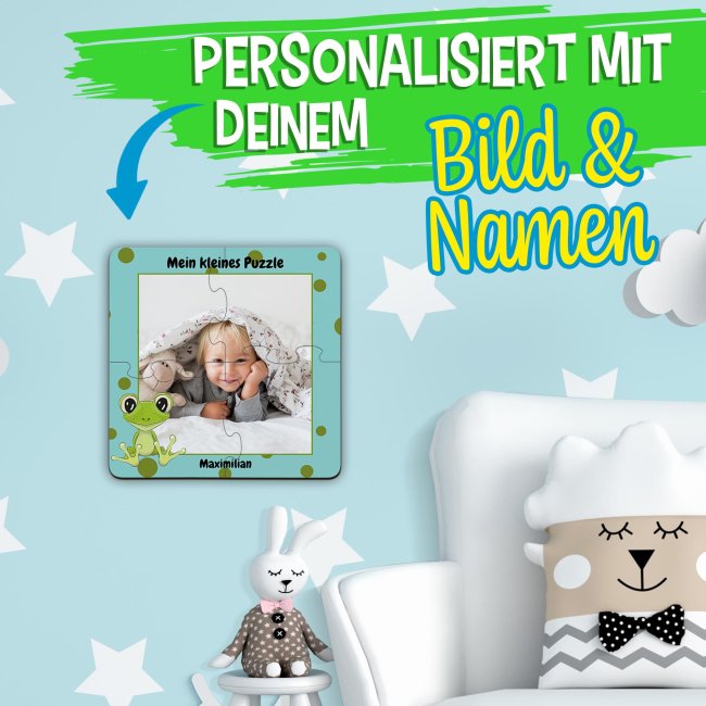 Holzpuzzle mit Foto selbst gestalten f&uuml;r Kinder - Kleines Puzzle mit Name - Frosch - 4 Teile