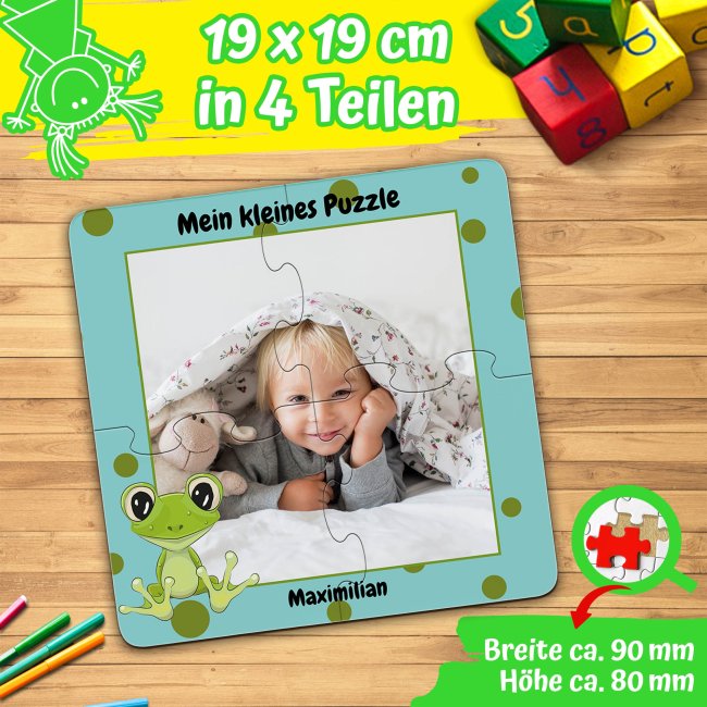 Holzpuzzle mit Foto selbst gestalten f&uuml;r Kinder - Kleines Puzzle mit Name - Frosch - 4 Teile