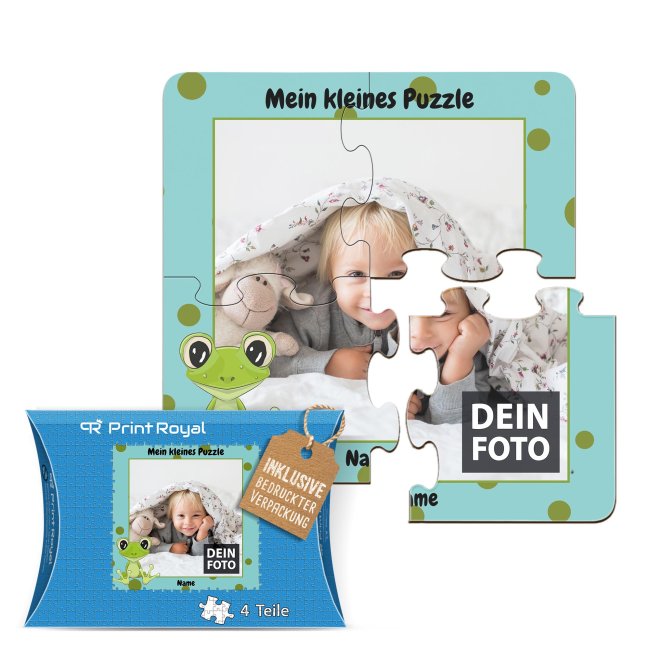 Holzpuzzle mit Foto selbst gestalten f&uuml;r Kinder - Kleines Puzzle mit Name - Frosch - 4 Teile