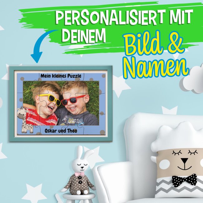 Holzpuzzle mit Foto selbst gestalten f&uuml;r Kinder - Kleines Puzzle mit Name - Giraffe - 12 Teile