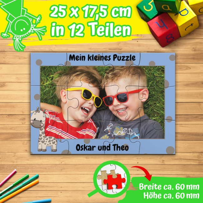 Holzpuzzle mit Foto selbst gestalten f&uuml;r Kinder - Kleines Puzzle mit Name - Giraffe - 12 Teile