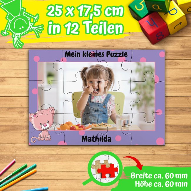 Holzpuzzle mit Foto selbst gestalten f&uuml;r Kinder - Kleines Puzzle mit Name - Katze - 12 Teile