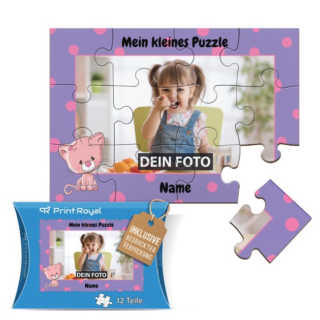 Holzpuzzle mit Foto selbst gestalten f&uuml;r Kinder - Kleines Puzzle mit Name - Katze - 12 Teile