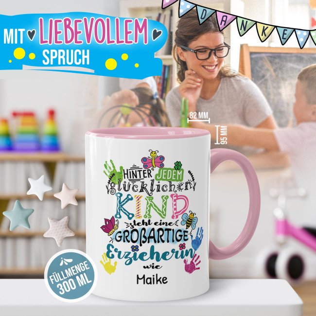 Tasse f&uuml;r Erzieherin - Hinter jedem Kind - bunt - mit Name personalisierbar