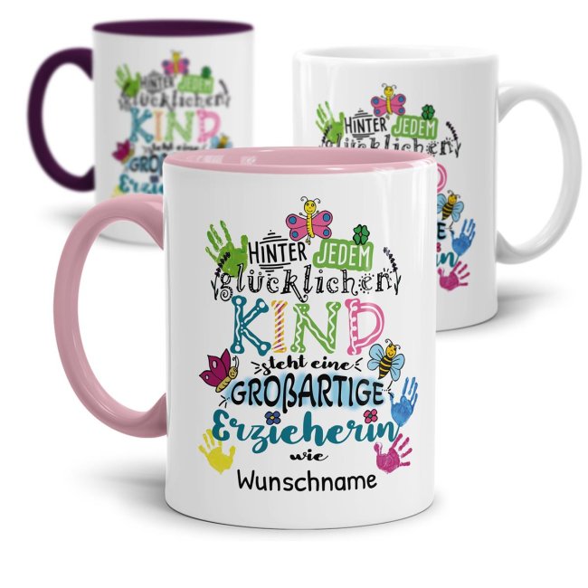 Tasse f&uuml;r Erzieherin - Hinter jedem Kind - bunt - mit Name personalisierbar