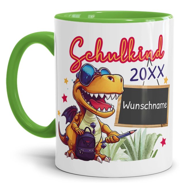 Tasse zur Einschulung - Dino - Schulkind - mit Jahr und Name personalisierbar - Hellgr&uuml;n